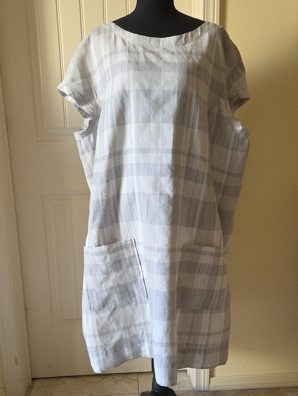 Eileen Fisher Organic Linen and Cotton Plaid Shift Dress, Grey Hues, Size 3XL